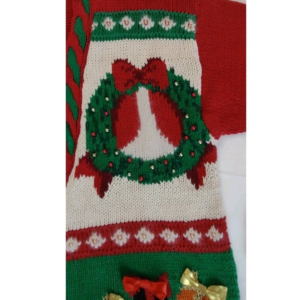 Jennifer Moore Vintage CHRISTMAS Sweater Hand Knit Beads Bows Three Women Size M - Picture 8 of 13